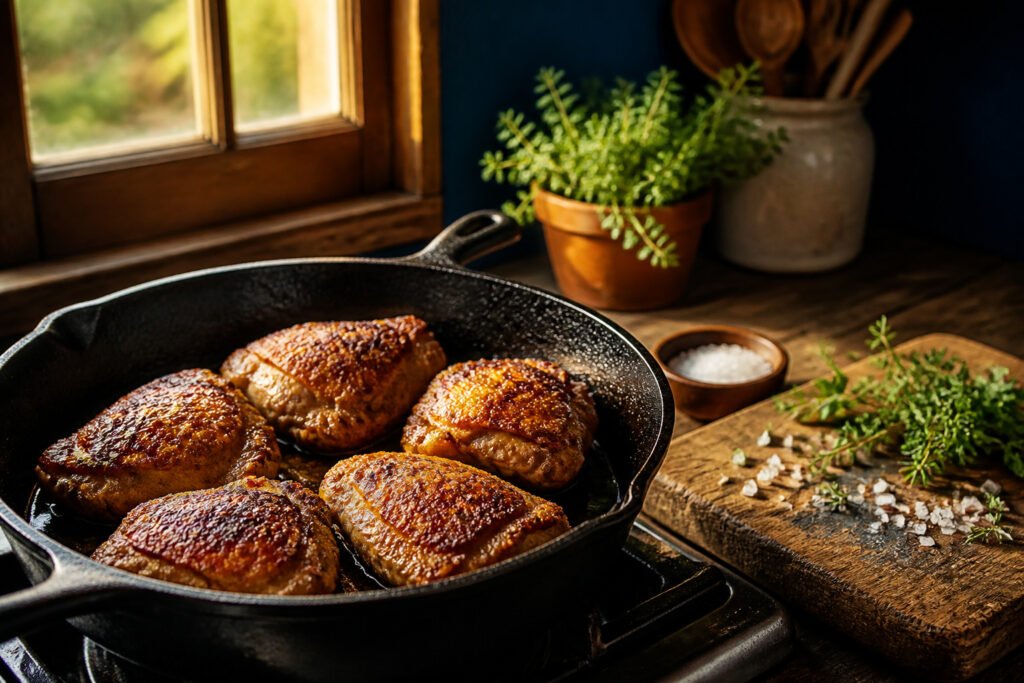 Golden-brown air fryer chicken thighs on a plate.