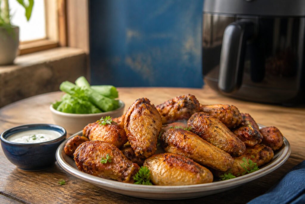 A platter of golden-brown chicken wings garnished with herbs.
