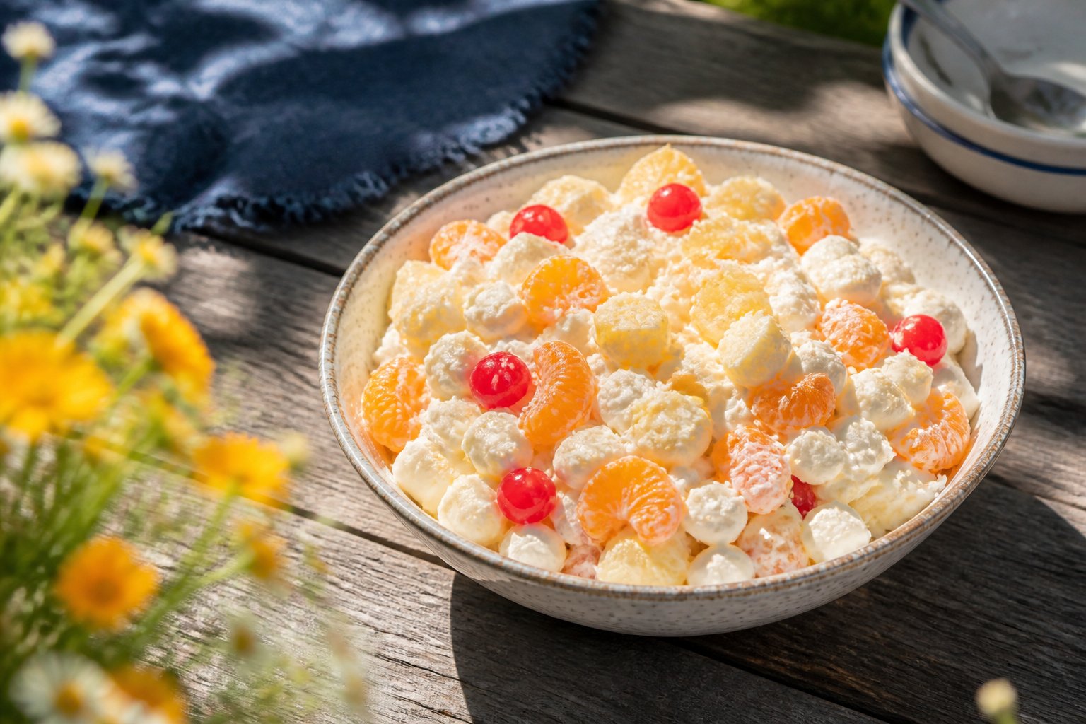 Bowl of ambrosia salad with fruit, marshmallows, and coconut on a kitchen counter.