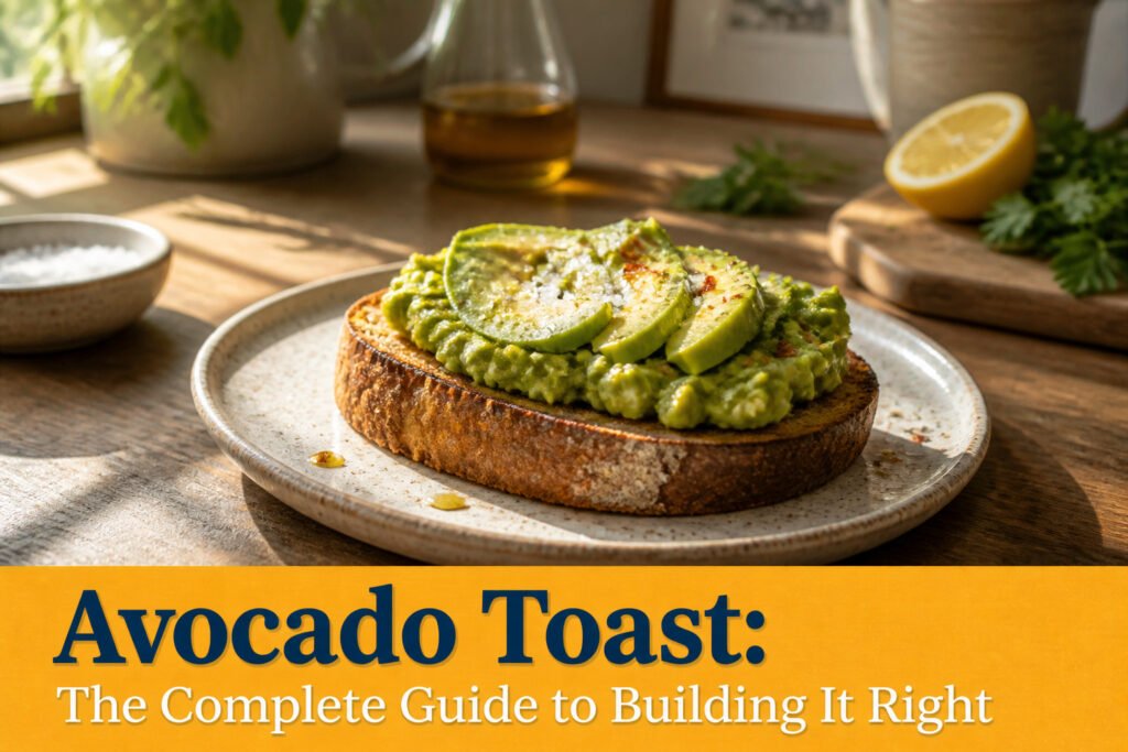 A slice of avocado toast with various toppings and garnishes.