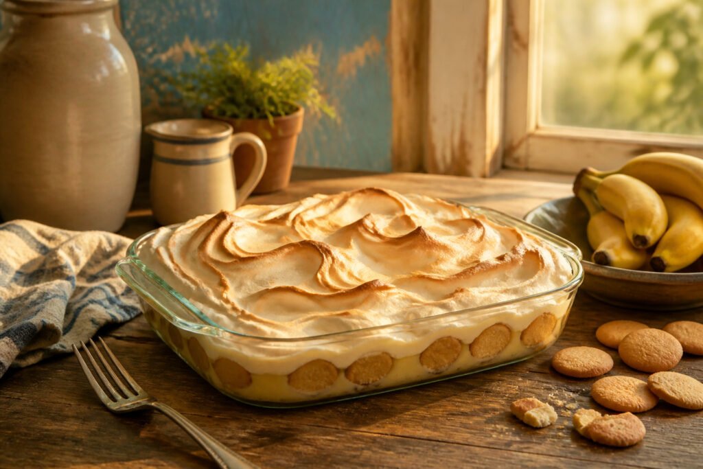 Banana pudding in a dish with golden meringue on top.