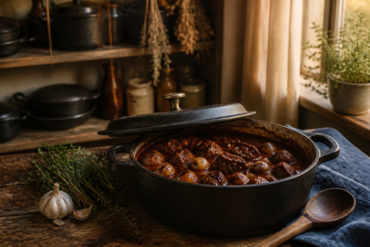 A cast-iron Dutch oven with bubbling beef bourguignon and herbs.