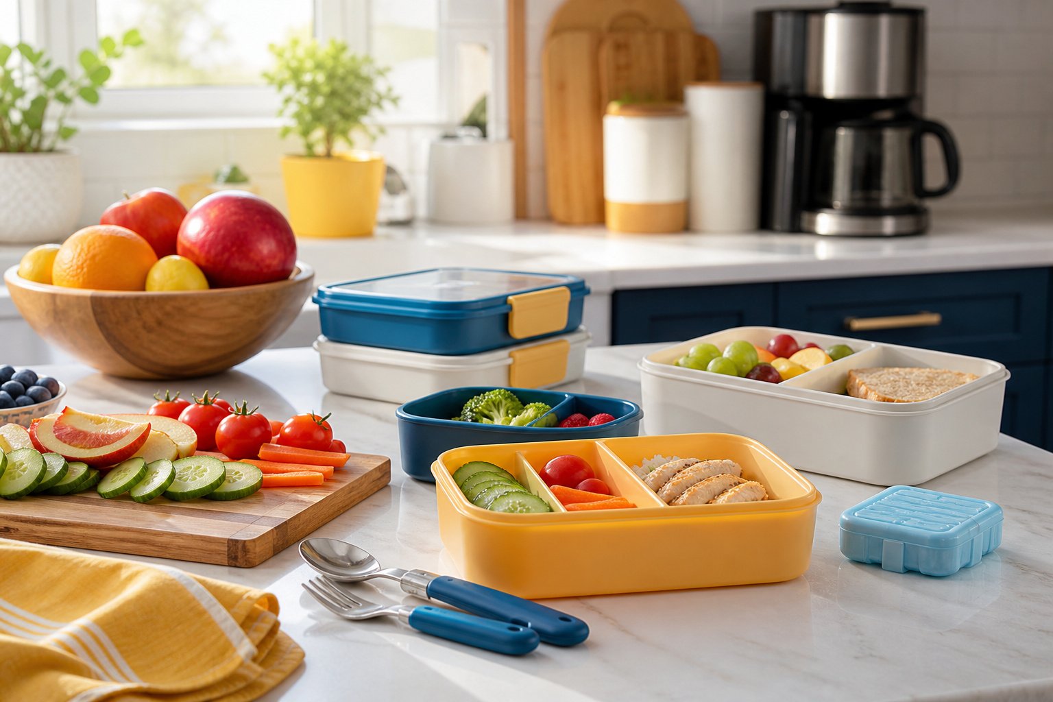 Bright kitchen countertop with fresh fruits in the morning sunlight
