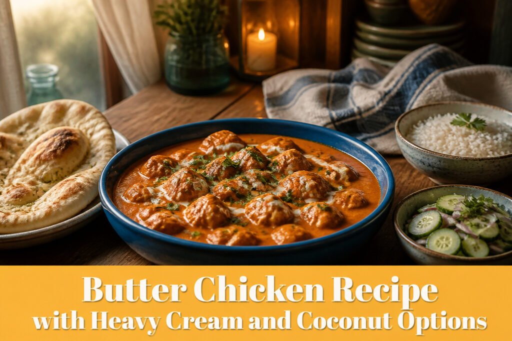 Butter chicken served with rice and garnished with cilantro.