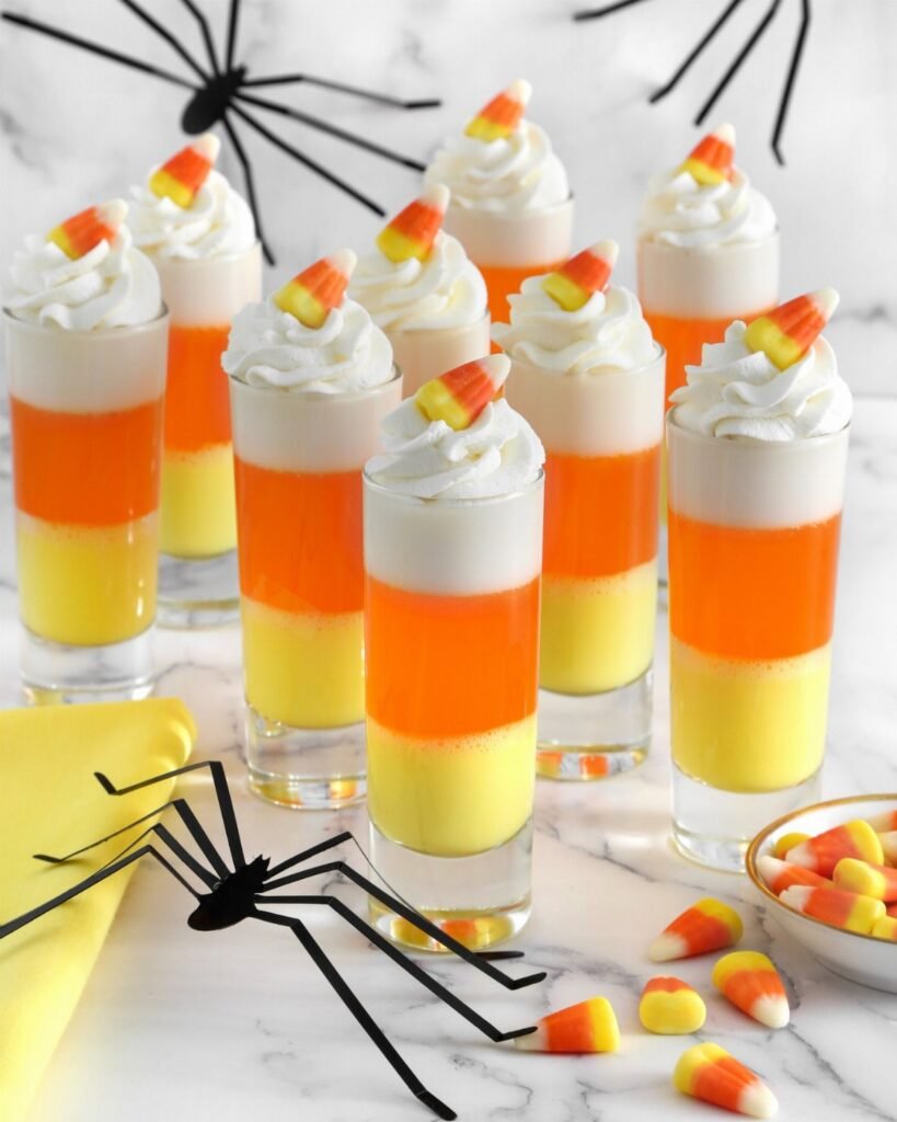 Layered yellow and orange jello shots topped with whipped cream and candy corn on marble.