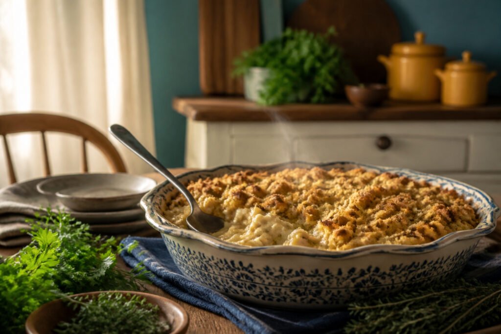 A freshly baked chicken and stuffing casserole with a golden crust.