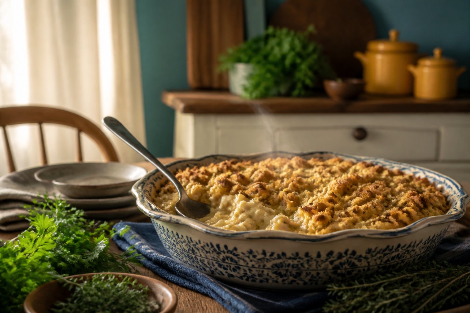 A freshly baked chicken and stuffing casserole with a golden crust.