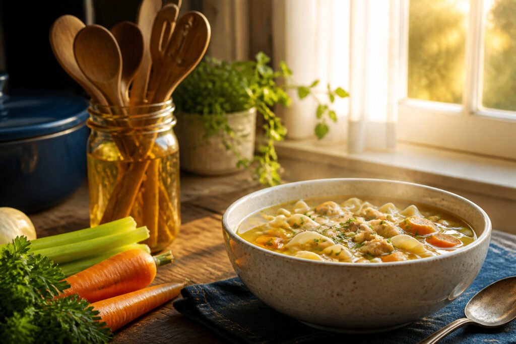 A pot of chicken noodle soup with chicken, carrots, and noodles on the stove.