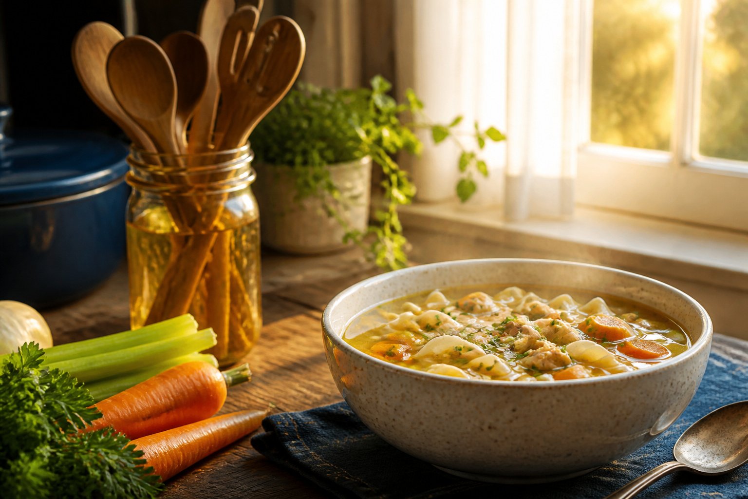 A pot of chicken noodle soup with chicken, carrots, and noodles on the stove.
