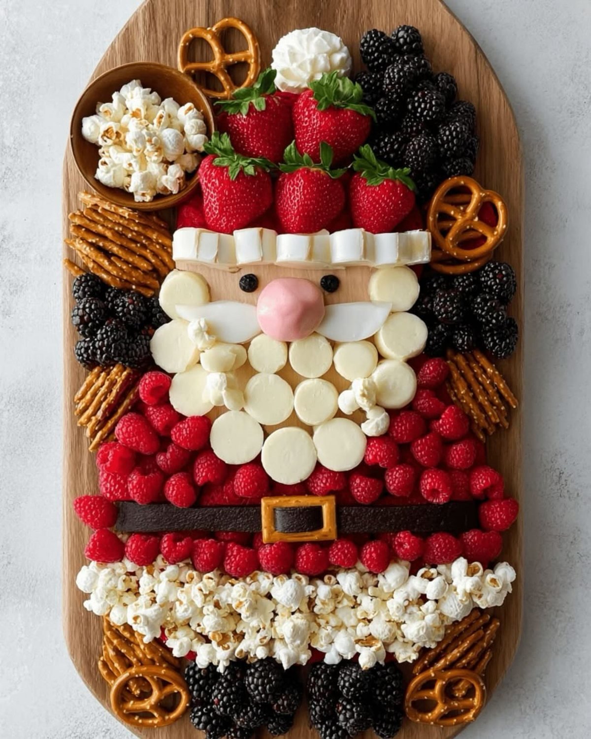 A charcuterie board arranged in the shape of Santa Claus using various fruits, snacks, and chocolates.