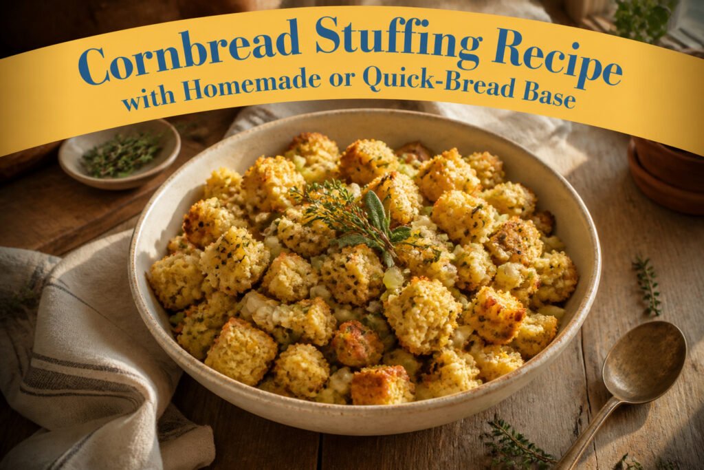 Bowl filled with cornbread stuffing, garnished with herbs.