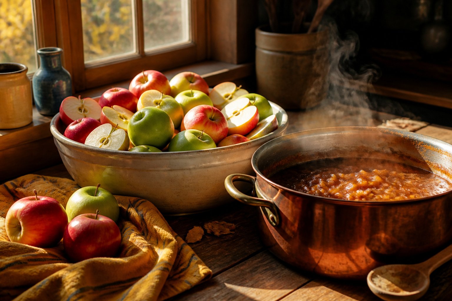 A crockpot filled with thick apple butter on a kitchen counter.