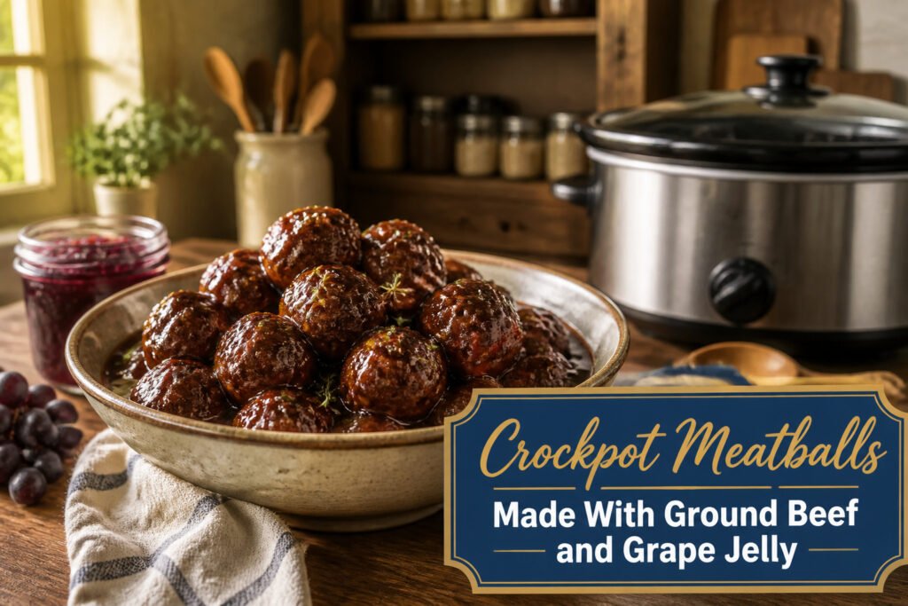 A slow cooker filled with meatballs in a dark red sauce on a table.
