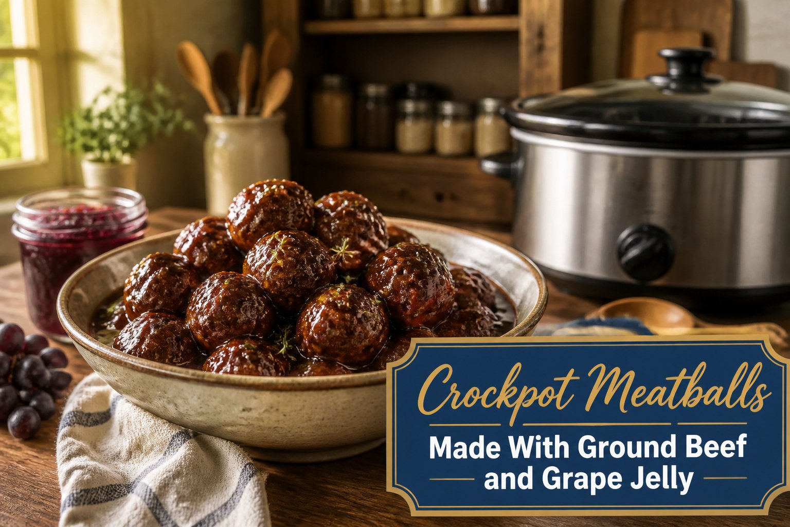 A slow cooker filled with meatballs in a dark red sauce on a table.