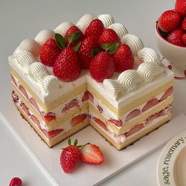 Layered strawberry sponge cake with whipped cream swirls and whole fresh strawberries on a white platter.
