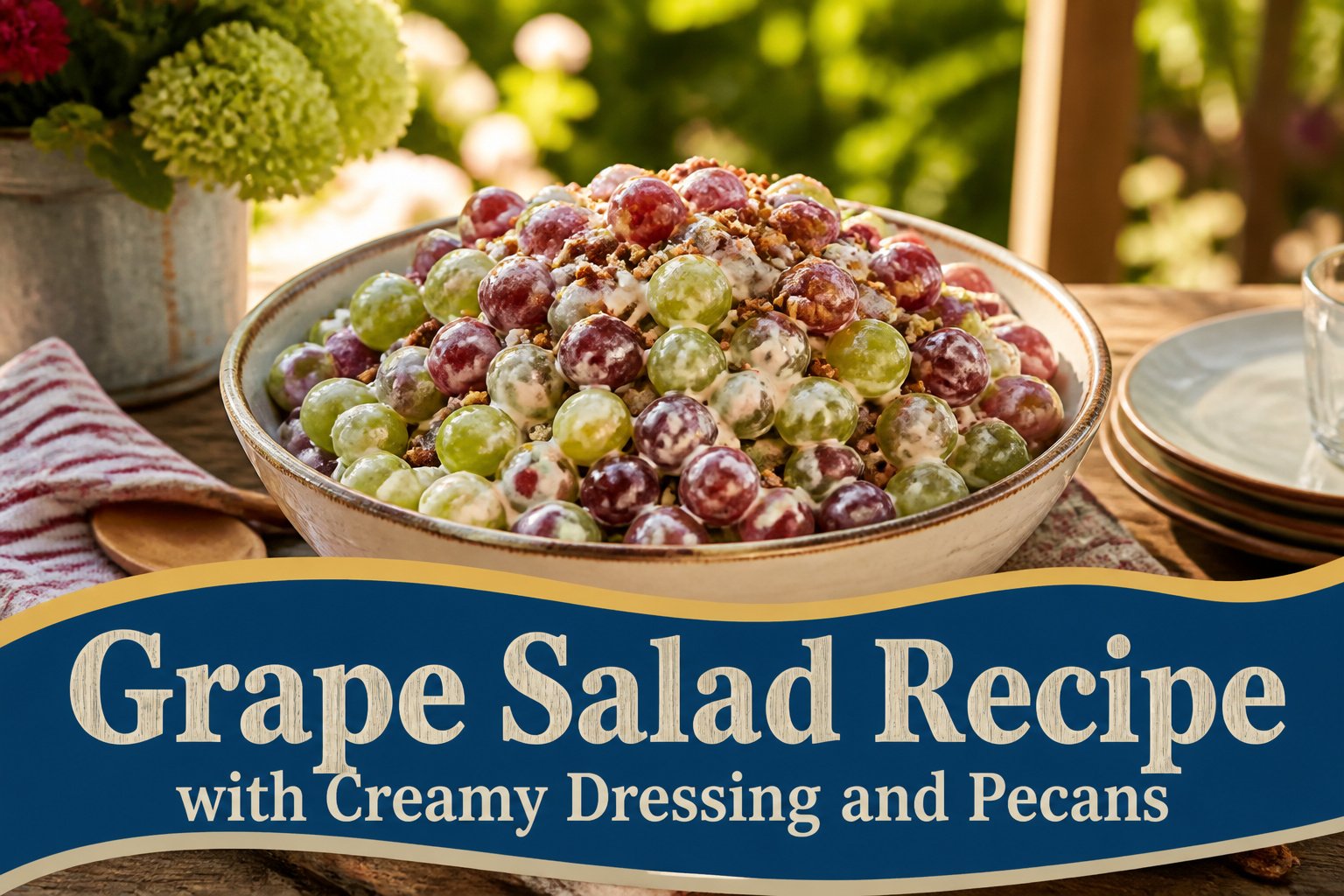 A colorful grape salad in a serving dish with creamy dressing and toppings.