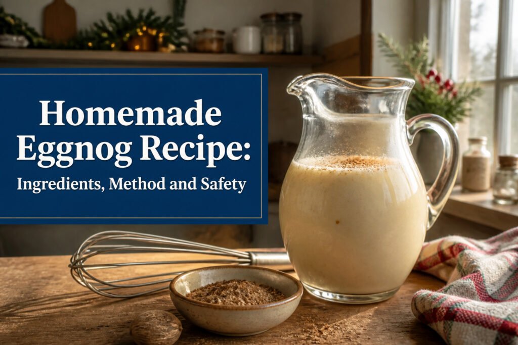 A large glass pitcher of eggnog surrounded by nutmeg and thyme.