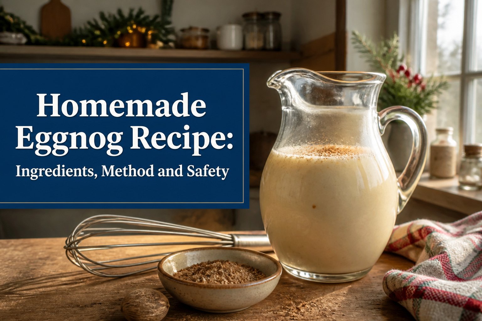 A large glass pitcher of eggnog surrounded by nutmeg and thyme.