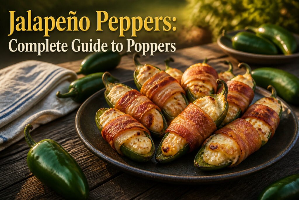 Platter of jalapeño poppers garnished with herbs and ranch dressing.