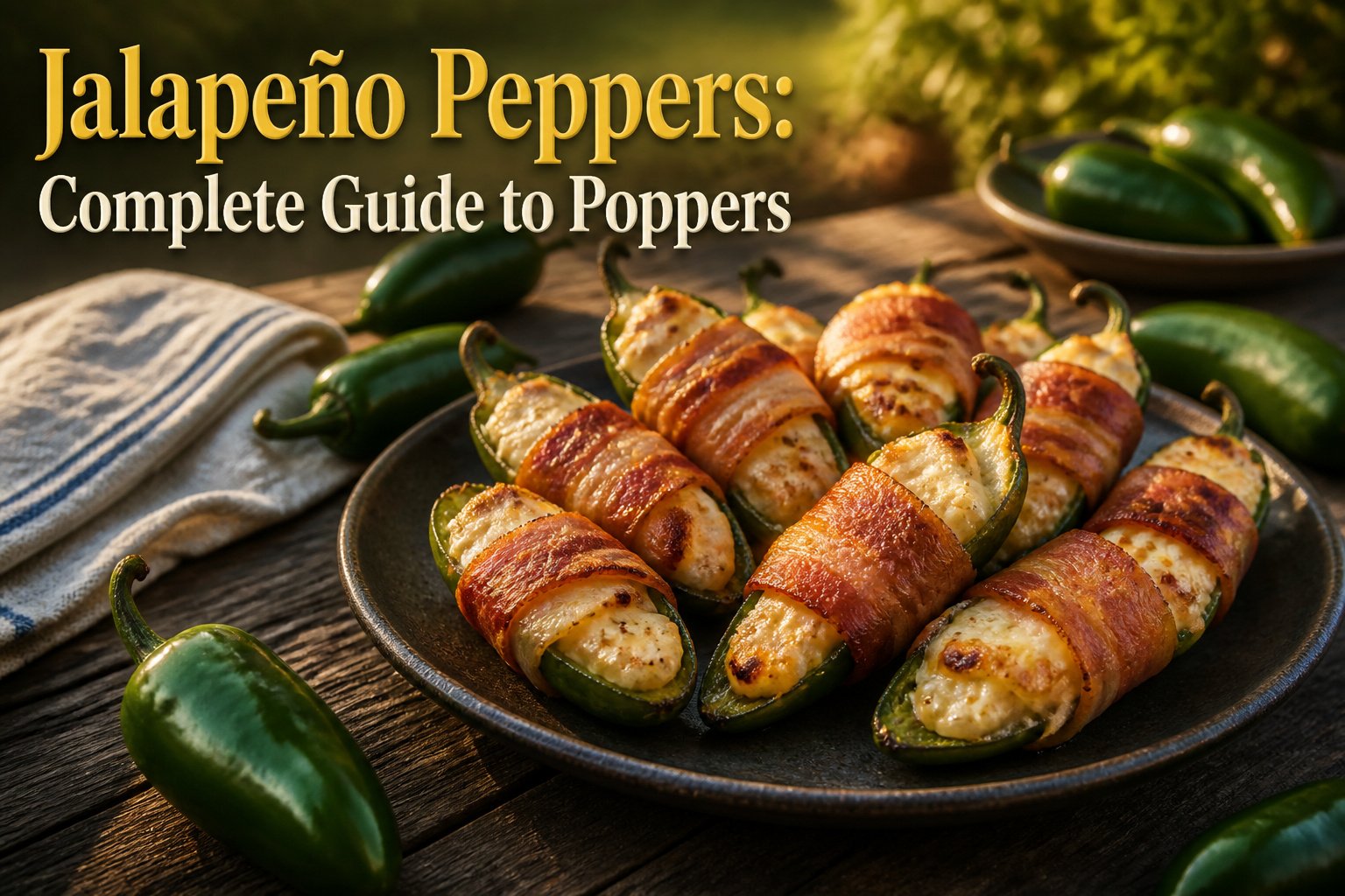 Platter of jalapeño poppers garnished with herbs and ranch dressing.