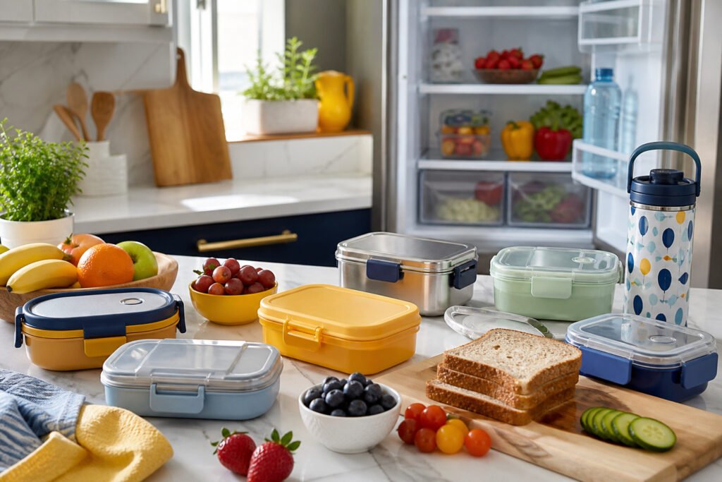A colorful kitchen countertop with various lunchboxes and food items