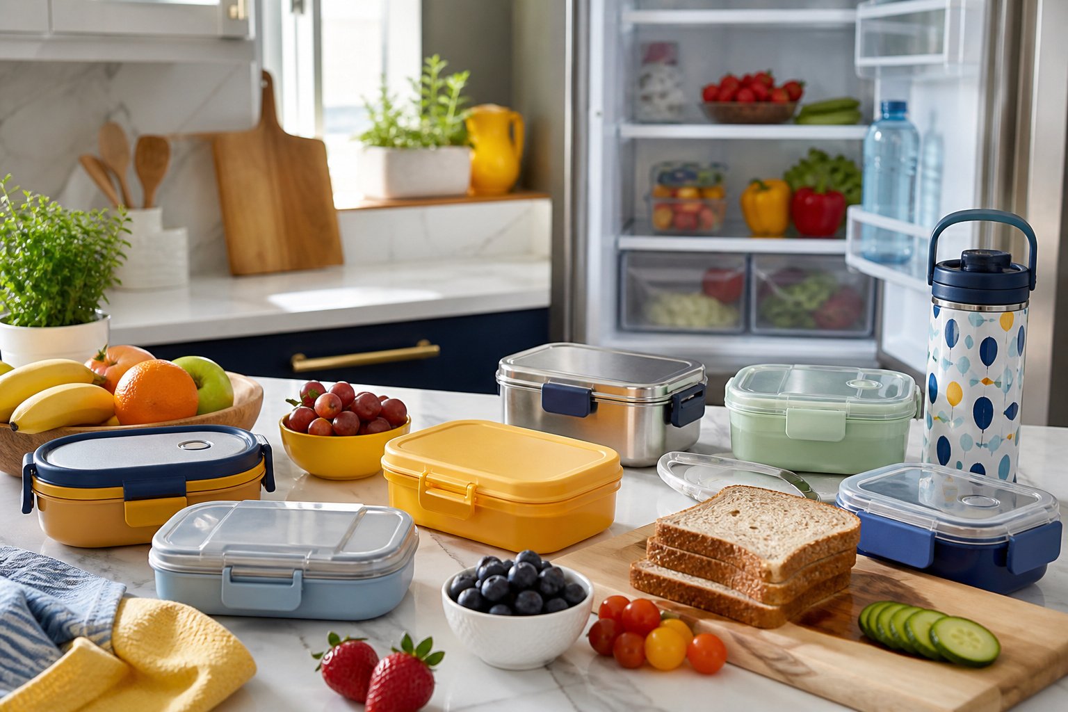 A colorful kitchen countertop with various lunchboxes and food items