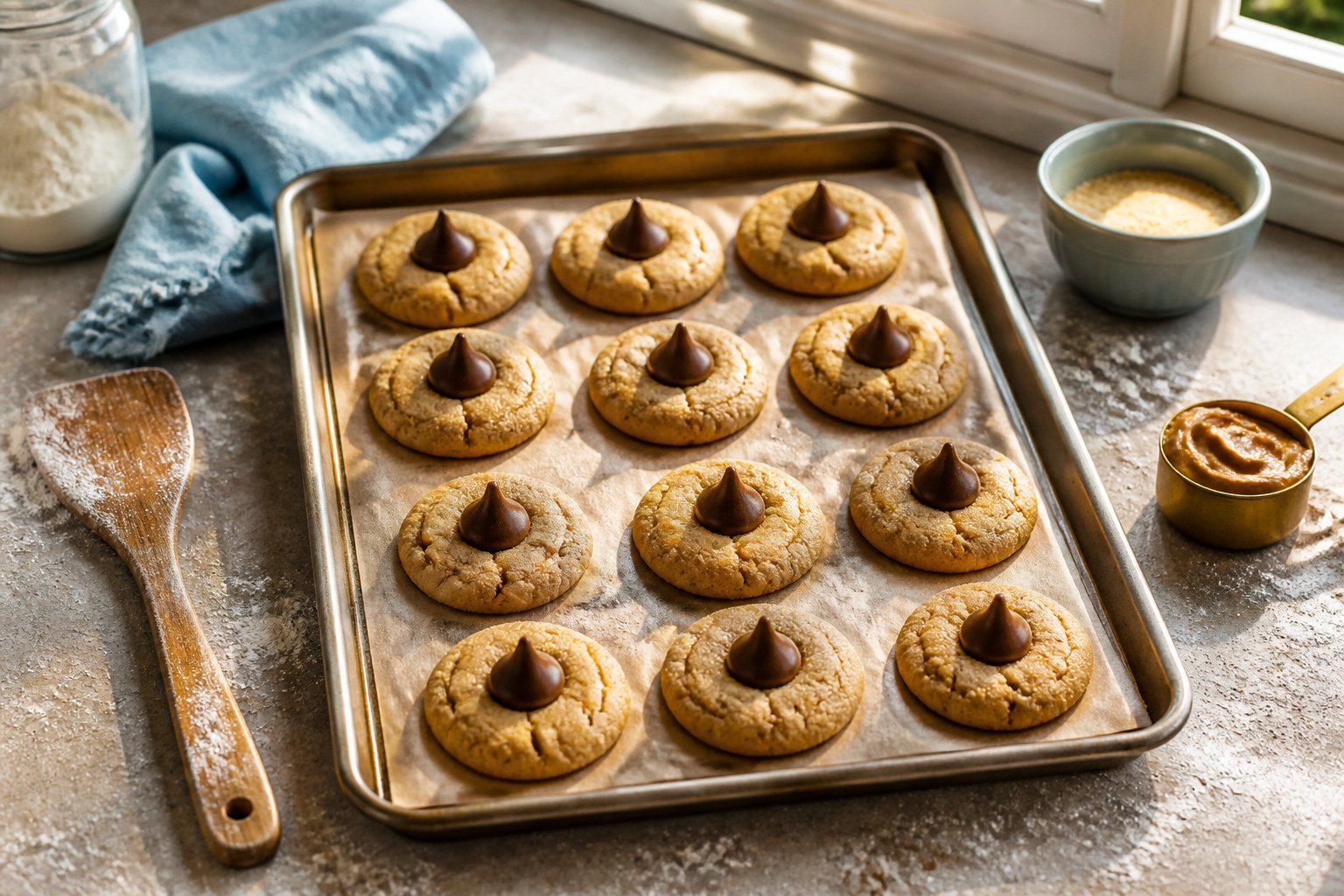 A plate of peanut butter blossoms with chocolate kisses on top.