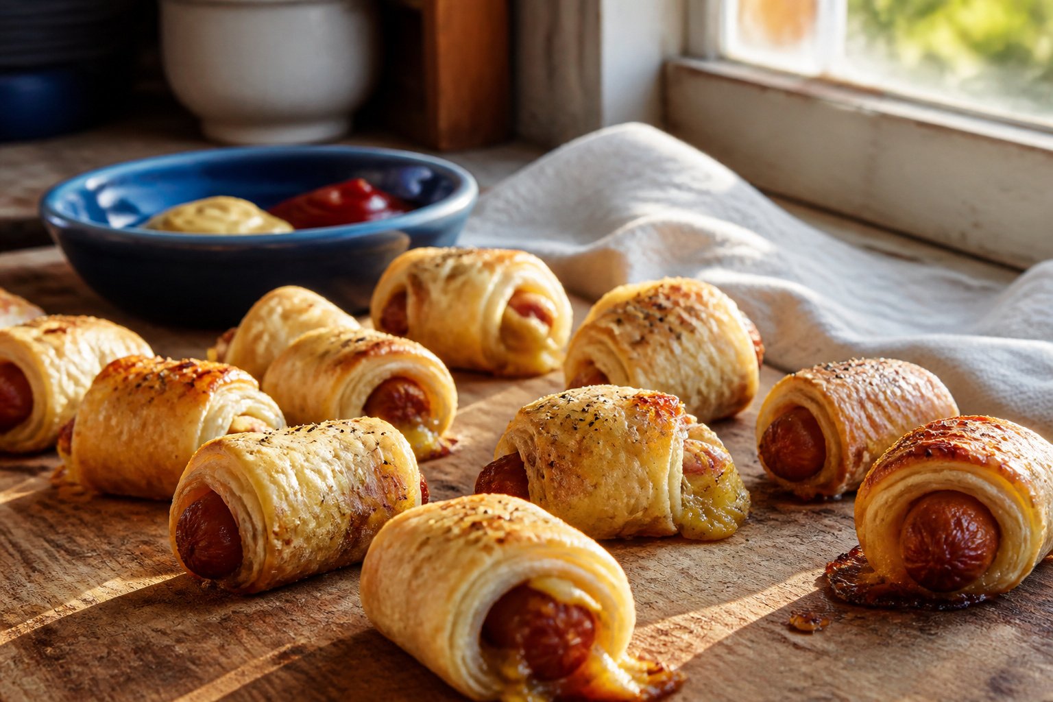 An assortment of pigs in a blanket presented on a platter.