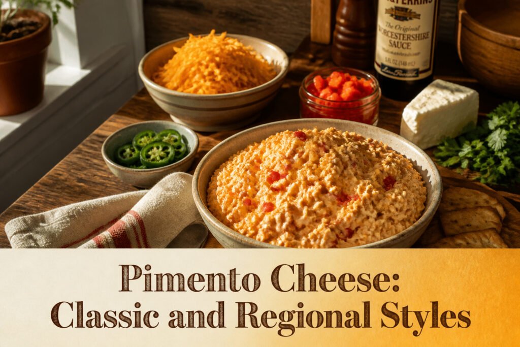 Various bowls of pimento cheese on a rustic wooden table.