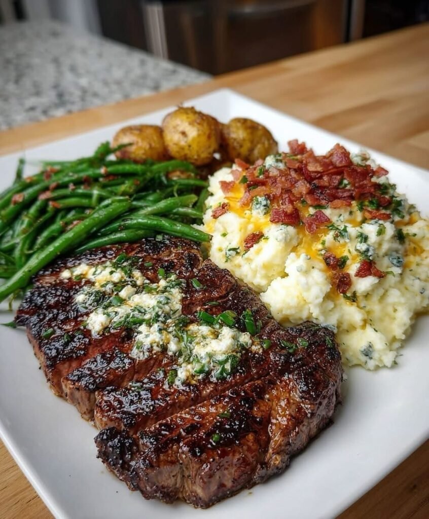 Grilled steak with herb butter, green beans, roasted potatoes, and loaded mashed potatoes on a white plate.