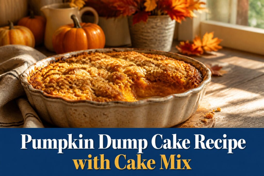 A freshly baked pumpkin dump cake with a golden-brown top.