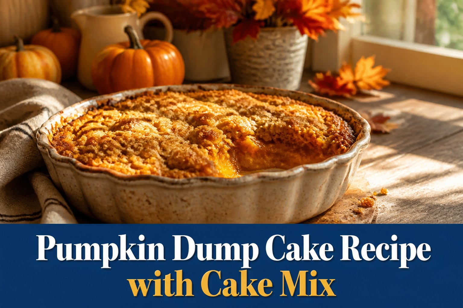 A freshly baked pumpkin dump cake with a golden-brown top.