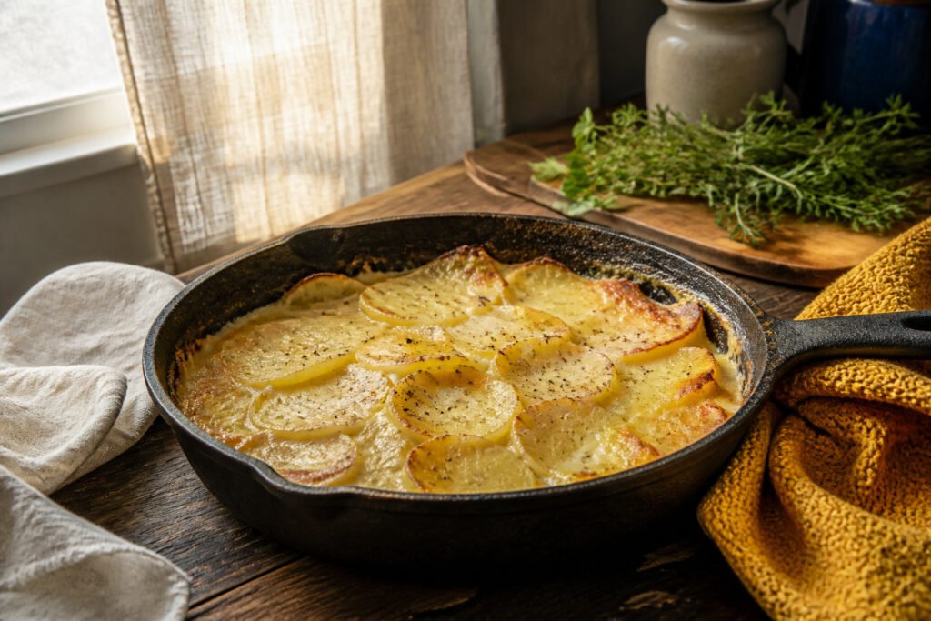 A dish of scalloped potatoes with a golden cheese crust.
