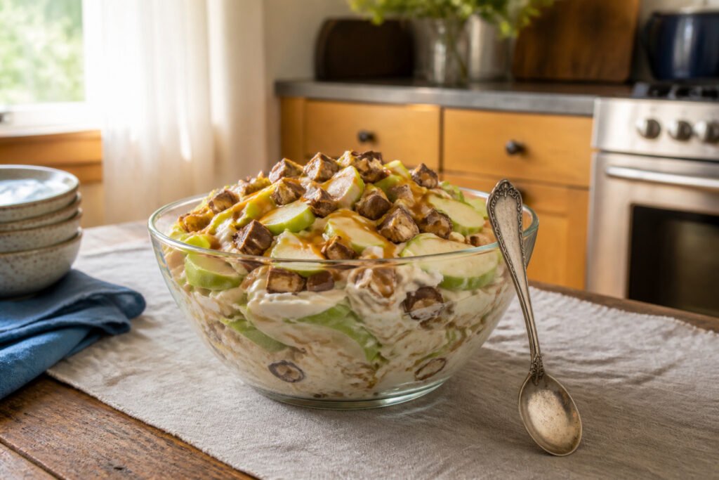 A bowl of Snickers salad with caramel sauce and apple chunks.