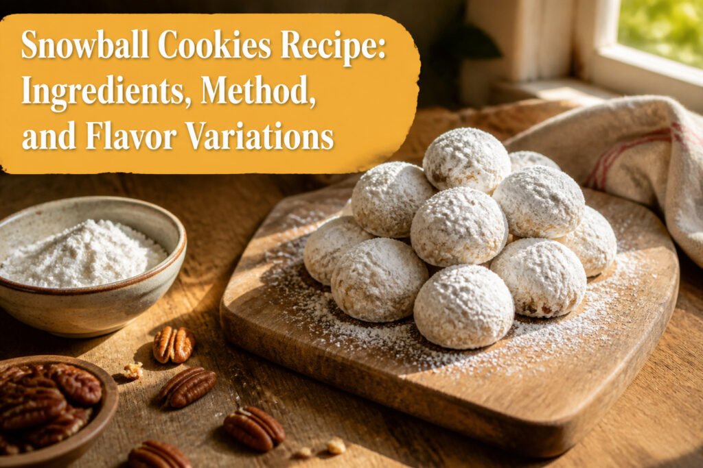 A plate filled with snowball cookies coated in powdered sugar.
