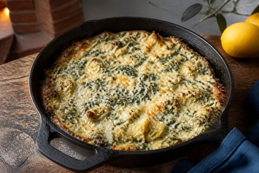 Cast-iron skillet filled with hot spinach artichoke dip on a wooden cutting board.