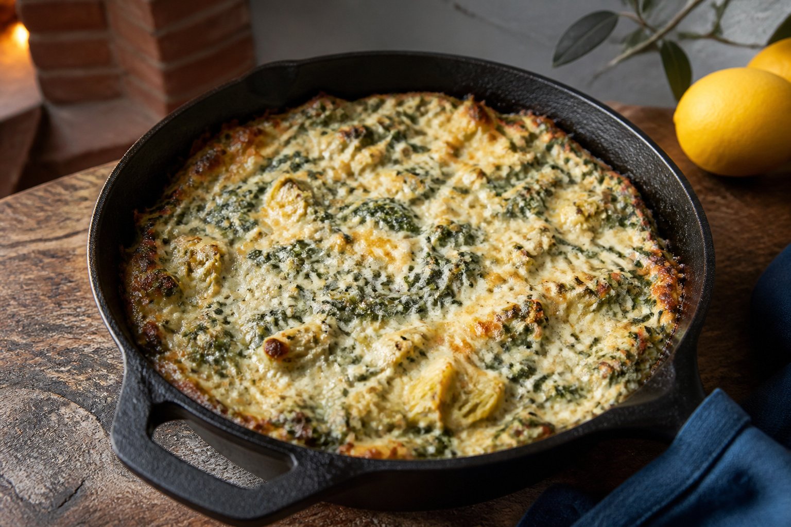 Cast-iron skillet filled with hot spinach artichoke dip on a wooden cutting board.