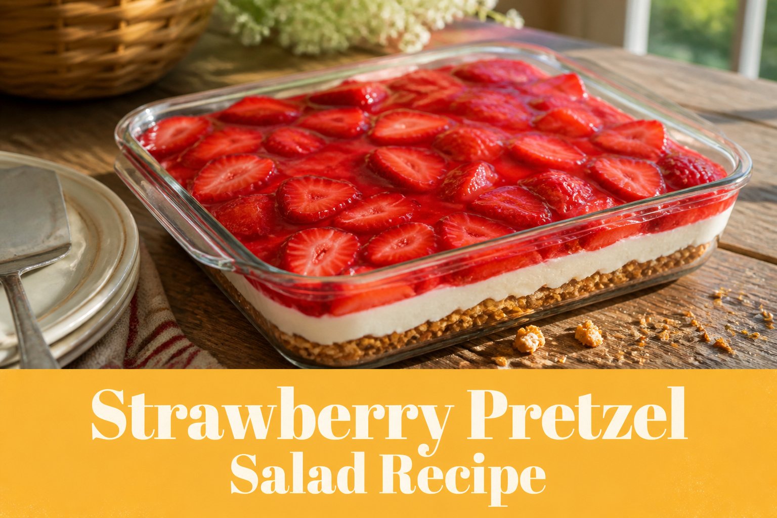 A 9×13 inch pan of strawberry pretzel salad on a wooden picnic table.