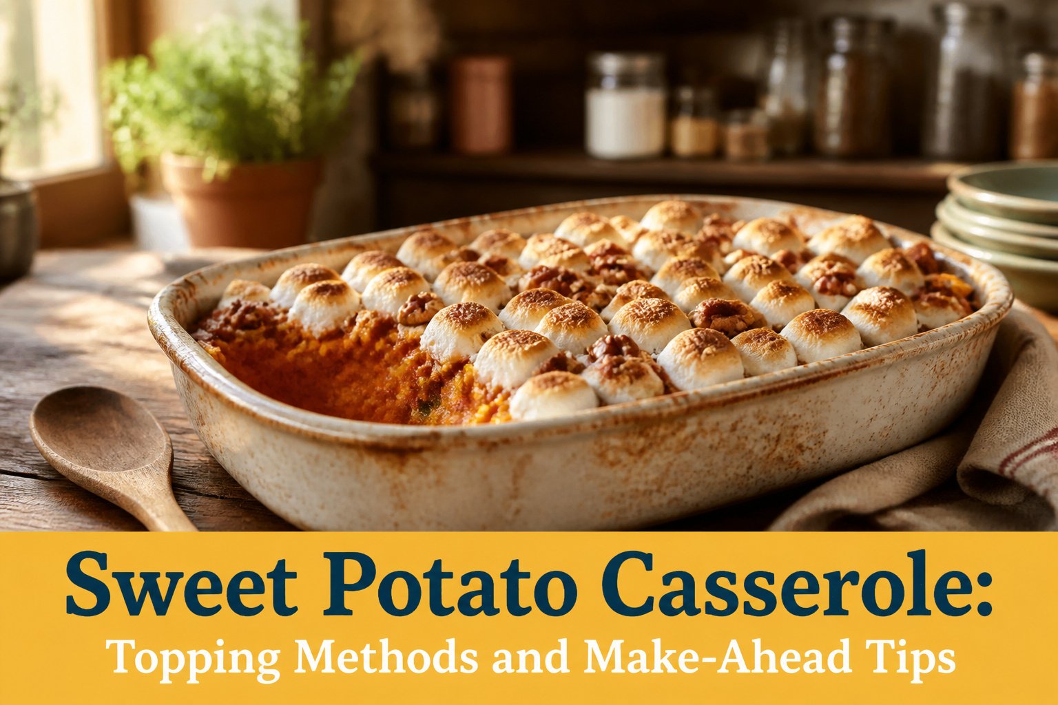 A freshly baked sweet potato casserole topped with pecans and marshmallows.