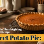 A sweet potato pie on a Thanksgiving table.