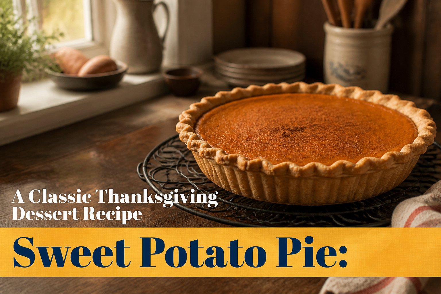 A sweet potato pie on a Thanksgiving table.
