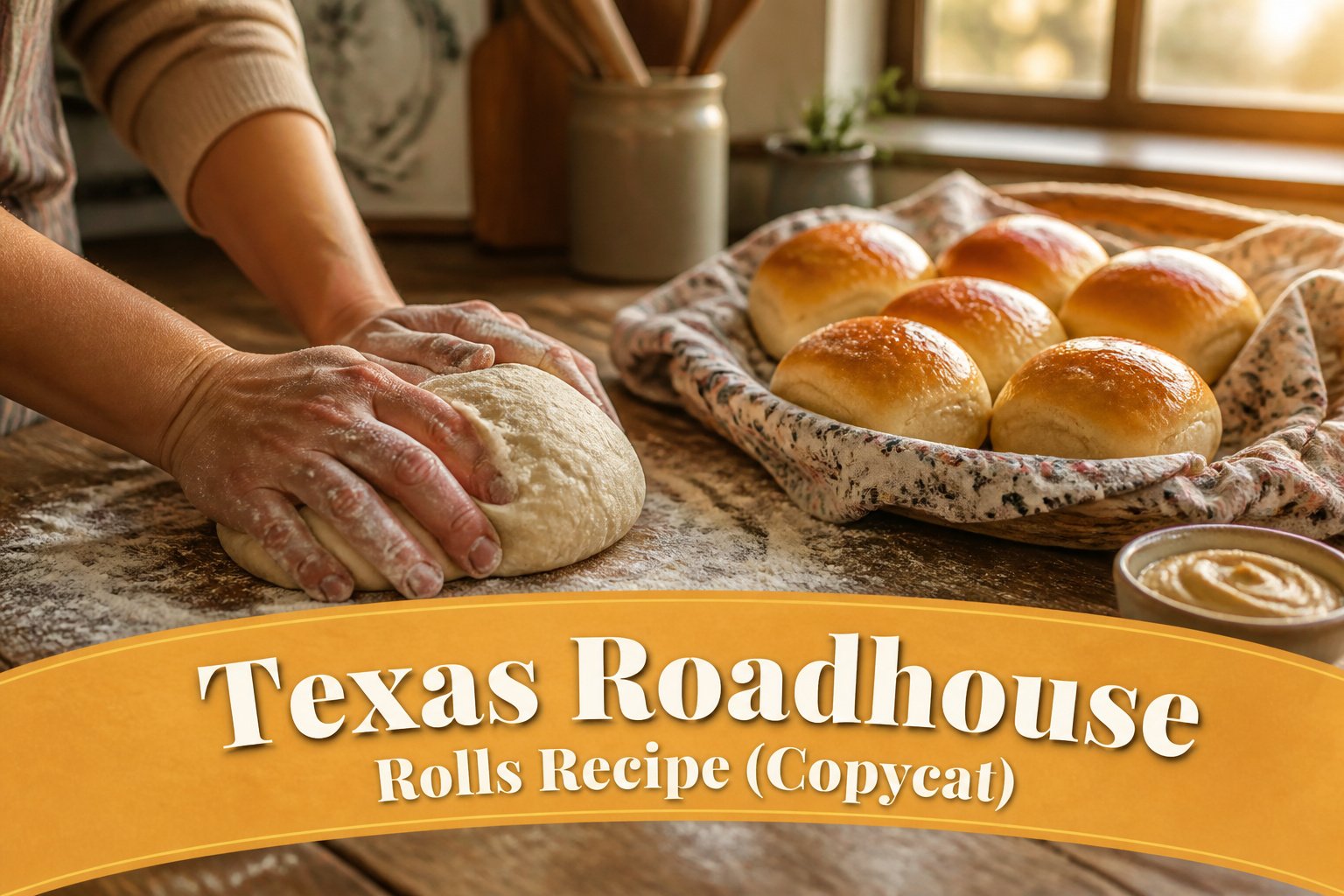 Freshly baked Texas Roadhouse rolls on a wooden table.